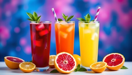 Fototapeta premium on a white surface, three tall glasses filled with iced beverages are the focal point, each in a different hue: red, orange, and yellow