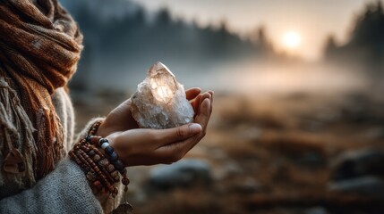 hand holding clear quartz crystal