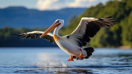 Obraz premium Pelican in mid-flight landing on water