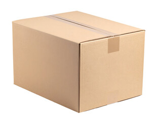 A sturdy brown cardboard box, securely sealed with tape, stands ready for shipping or storage.