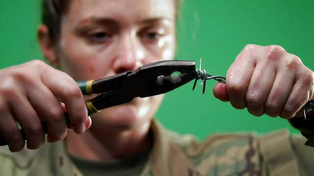 Woman Cutting Barbed Wire on Green Screen for Video Editing
