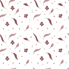 Seamless Botanical Pattern with Pink Leaves and Flowers