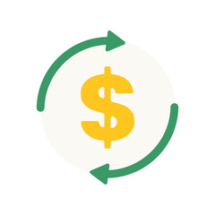 Business currency exchange illustration, depicting money transfer and financial transaction with a dollar sign and green circulating arrows.