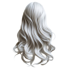 Long wavy silver hairstyle showcasing natural waves and fullness suitable for various styling options transparent background, cutout PNG
