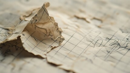 A close-up of crumpled, torn graph paper with handwritten notes in black ink on a blurred background.