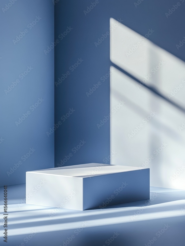 Poster flawless picture of blue background for product presentation with shadows and light empty cubic podi