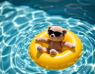 at the center of the position, a stuffed animal, a light brown color, floats in a yellow inner tube on the surface of a pool, the toy wears dark glasses