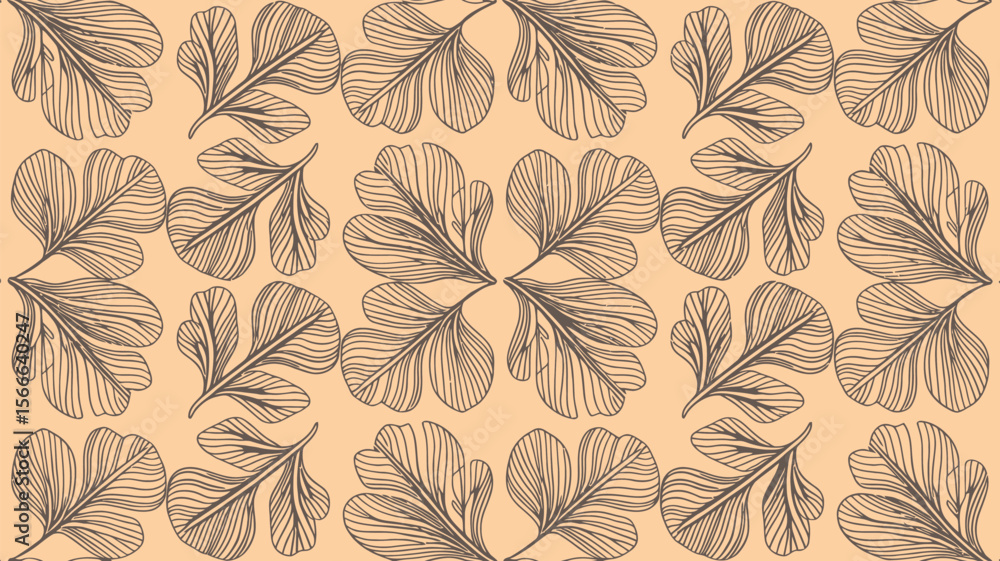 Poster Line art pattern of leaves arranged symmetrically on a light brown background in a seamless repeat