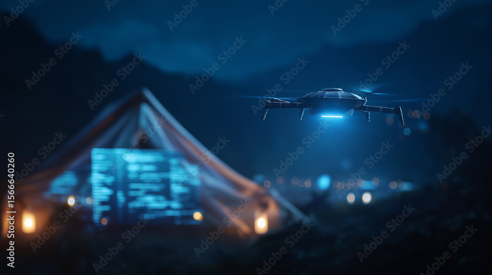 Poster drone relaying intelligence data to mobile hq in tactical setup