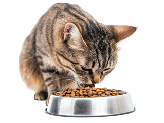 Tabby cat eating dry food from metal bowl isolated on a transparent background feline