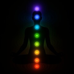Meditating Silhouette with Glowing Chakra Energy Spheres Emitting Vortex Waves in Dark Void