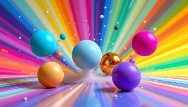the image features several objects arranged against a colorful, dynamic backdrop, the objects appear to be floating in a sort of digital or abstract space