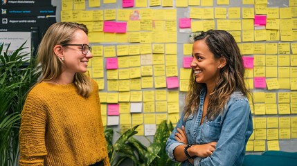 Two marketers collaborating during recruitment brainstorming