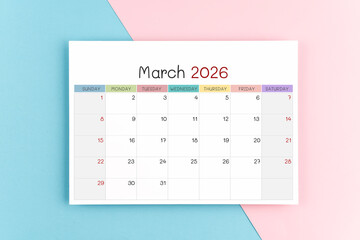 March 2026 calendar page on blue and pink color background.