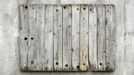 Weathered Wooden Planks with Holes on Concrete Wall Background