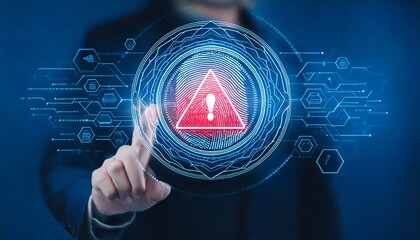 System warning alert on virtual interface with hand interaction. Concept of cybersecu