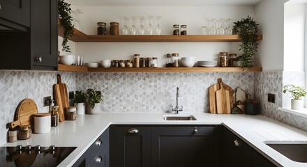 Modern Kitchen Corner with Geometric Tile Backsplash and Wooden Shelving