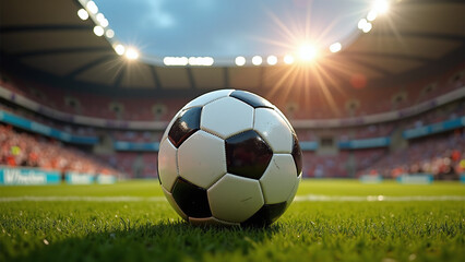 Soccer ball on a field with stadium lights in the background.