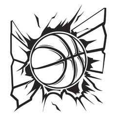 Basketball Exploding Through Wall Sports Action	