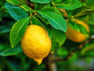 Fresh Organic Ripe Lemon with Smooth Yellow Skin Hanging from Tree