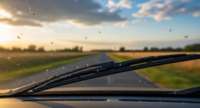 Many mosquitos are squashed on a car windshield at sunset during a road trip in the countryside, creating a dirty surface that needs cleaning