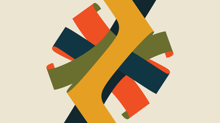 Abstract ribbons in orange olive green and navy blue criss crossing on a light beige background