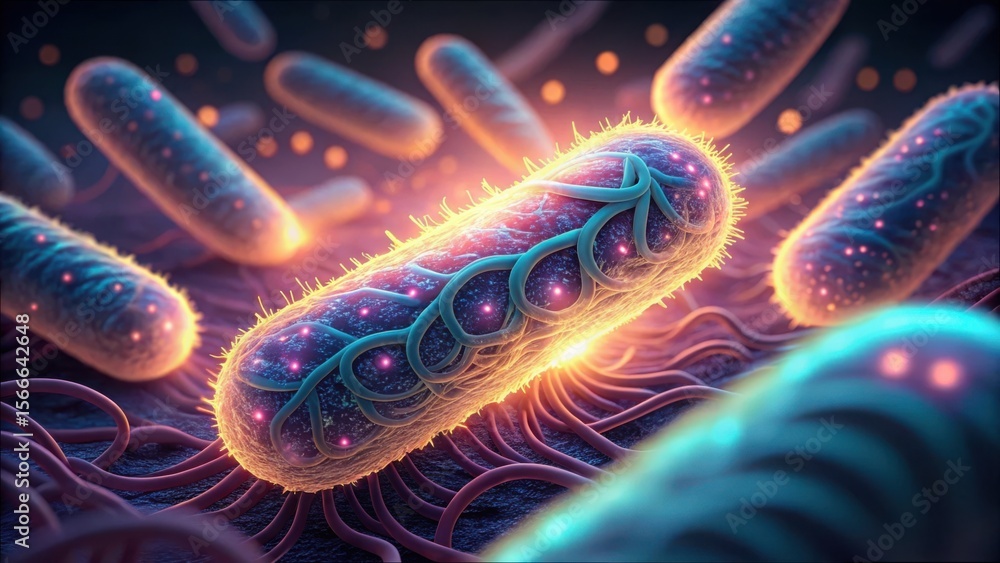 Poster close-up view of glowing bacteria with vibrant lines and details