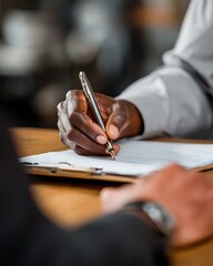 Closeup of applicant writing notes during interview