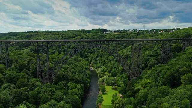 Sunlit Aerial Flyby of Mungstener Brucke Over Wupper River in Solingen Germany
