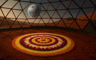Flower Rangoli on Martian Soil with Earth Visible Through Biodome Dome at Sunrise