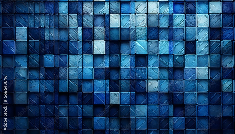 Poster abstract mosaic pattern in shades of blue showing squares with textured surface and dark background