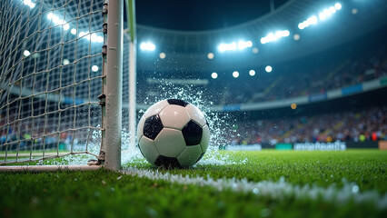 Soccer ball striking the net in a stadium.