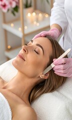 young woman getting spa treatment, Woman receiving dermaplaning treatment, blade carefully gliding on cheek area.
