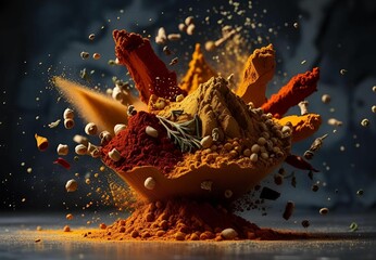 A powerful splash of colorful spice powders in a bowl