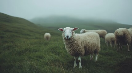 Fototapeta premium Sheep grazing in a misty landscape