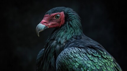 Fototapeta premium Vulture with red head, dark feathers, looking to the left, dark background