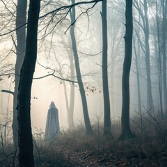 Obraz premium A cloaked person stands silently in a misty forest surrounded by bare trees and eerie light, evoking mystery and suspense.