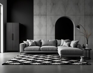 a modern living space is presented with a focus on minimalist design and neutral tones. a gray sectional sofa with several pillows sits on a black and white patterned rug