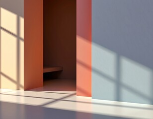 the image depicts an interior scene with a geometric arrangement of walls and surfaces bathed in sunlight