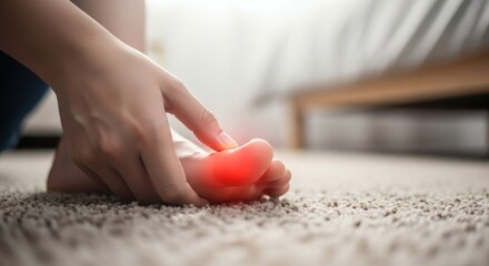 woman experiencing foot pain, touching her aching big toe with a red highlight on a comfortable carpet at home, concept of health issues and discomfort