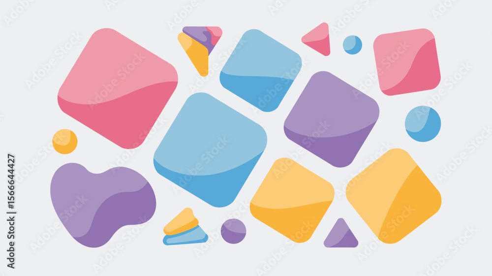 Poster abstract pastel shapes background with rounded squares triangles and circles scattered randomly arou
