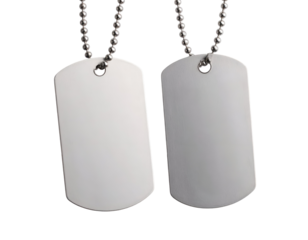 A pair of polished metal dog tags on beaded chains ready for personalization or symbolic representation.