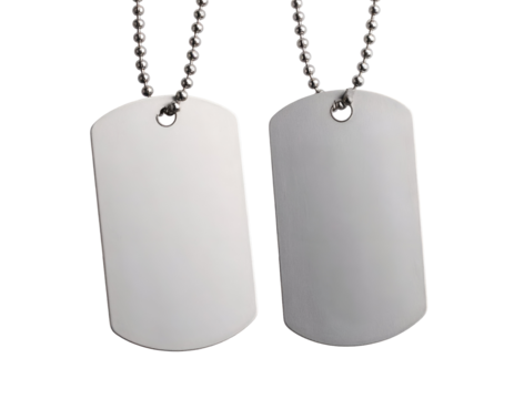 A pair of polished metal dog tags on beaded chains ready for personalization or symbolic representation.
