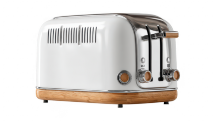Retro white chrome toaster with wood accents isolated on transparent background