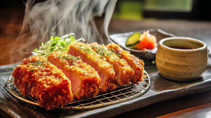 Crispy Tonkatsu with Steaming Pork and Sauce in Japanese Setting