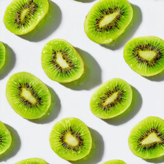 Fototapeta premium Playful Arrangement of Fresh Kiwi Slices on Clean White Background