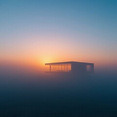 A modern house in a minimalist style with a sky gradient and a misty atmosphere, showcasing contemporary architecture and picturesque tranquility. Beautiful Home Exterior. The concept of a modern home