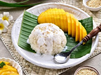 Mango sticky rice is a Thai dessert made from sticky rice, mango and coconut milk.
