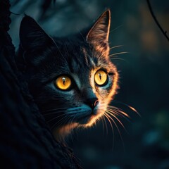 Close-up of a mysterious cat peering from the shadows with intense golden eyes, illuminated by dramatic twilight lighting.