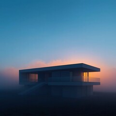 A modern house in a minimalist style with a sky gradient and a misty atmosphere, showcasing contemporary architecture and picturesque tranquility.. Beautiful Home Exterior. Modern house